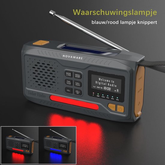 NovaWare® Noodradio Solar Opwindbaar - Powerbank Zonneenergie met 4500mAh - DAB+-FM - Noodpakket - Bluetooth speaker - Draagbare Radio – Oplaadbaar & Op Batterijen - Grijs