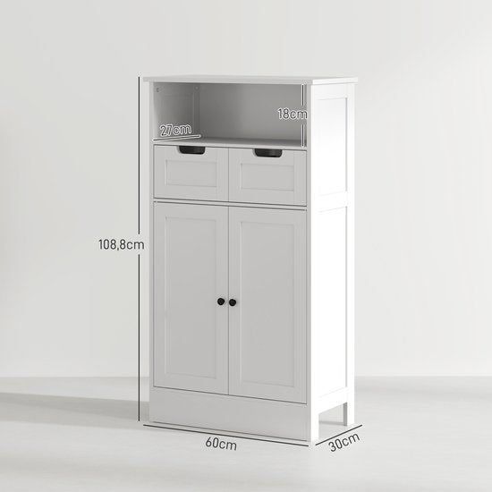 Badkamerkast met 2 Laden, 2 Deuren en open vak 30x60x109 cm - Wit