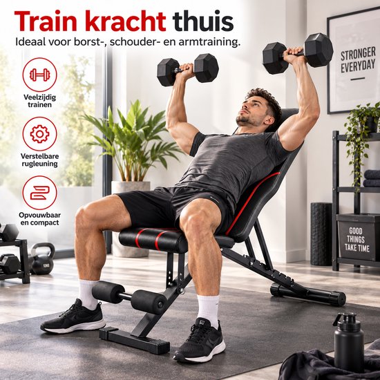 Verstelbare Fitnessbank – Opvouwbare Trainingsbank voor Thuis – Halterbank met Verstelbare Rugleuning – Incline & Flat Bench – Buikspierbank met Beenrollen – Zwart-Rood