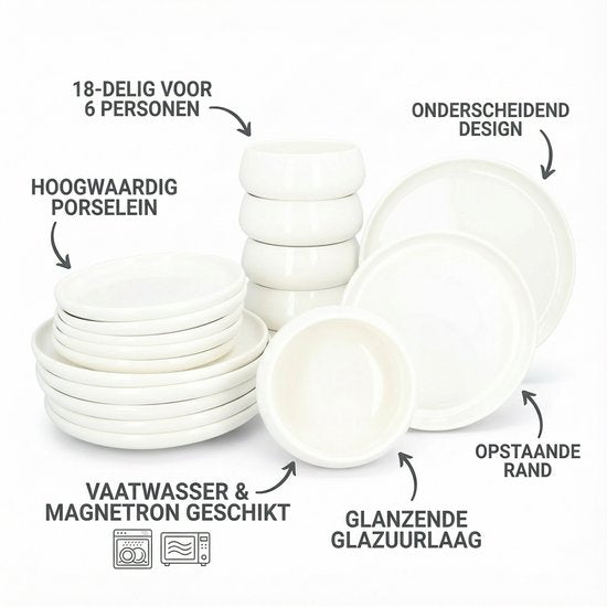 Serviesset Nora 18 delig - 6 persoons porselein servies - Wit