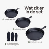 Gietijzeren Koekenpan Set 3-delig – Skillet Set Ø16, Ø19,5 & Ø24,5 cm – Pre-seasoned Gietijzer – Geschikt voor Inductie, Gas, Oven & BBQ – Inclusief Siliconen Handgrepen