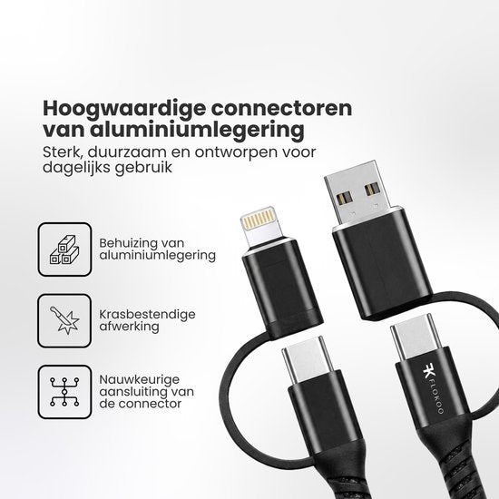 3-in-1 USB Kabel – 1 meter – Snelladen & Dataoverdracht – USB naar USB-C - Lightning – Nylon Gevlochten – Zwart - oplaadkabel Telefoon