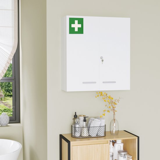 4goodz Medicijnkastje 2 deurs EHBO-kastje met slot RVS 18x55x60 cm - Wit