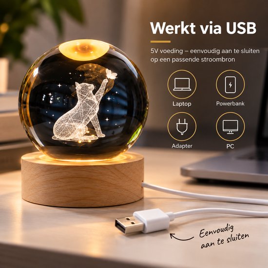 DMG Supply 3D Kristallen Bol Lamp - USB Oplaadbaar - LED Lamp - Nachtlamp - Tafellamp - Bureaulamp