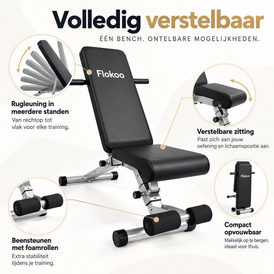 Verstelbare Fitnessbank – Trainingsbank voor Thuis – Incline & Flat Bench – Halterbank met Beenrollen – Opvouwbare Workout Bank – Zwart-Zilver