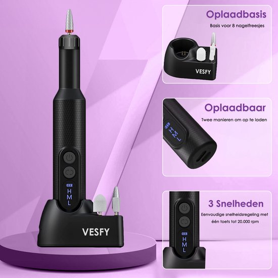 Vesfy Nagelfrees met 12 Nagelvijl Bitjes - Incl. 36 Schuurrolletjes - Pedicureset Professioneel - Nagelvijl Electrisch - Nagellak