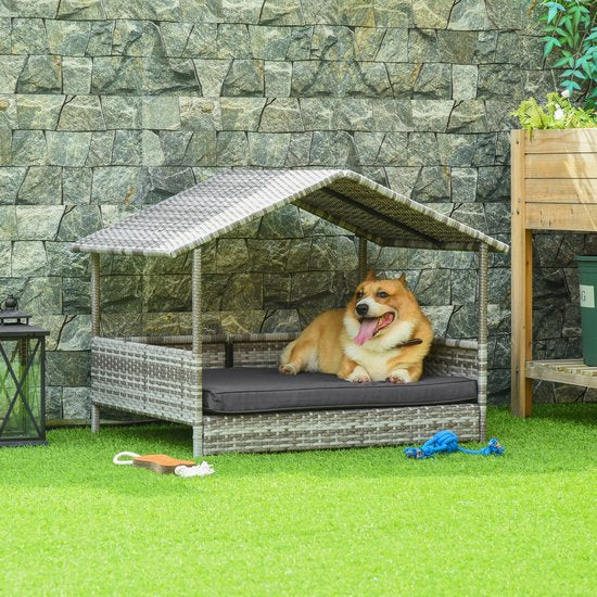 Rattan Hondenbed in huis vorm met Kussen 69x98x70 cm