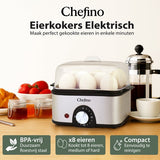 Chefino Eierkoker – Elektrisch – 8 Eieren – RVS – BPA-vrij – Timer & Automatische Uitschakeling – Inclusief Maatbeker met Eierprikker & Pochéerschaal – Anti-oververhitting – Zilver-Zwart