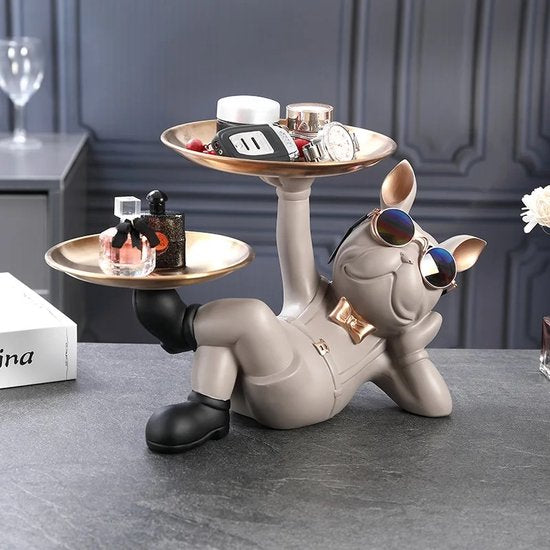 Franse Bulldog Beeld - Sleutelbakje - Sieraden Bakje - Kaarsenstandaard - Oranje - Goud - Decoratie - Incl. Zonnebril