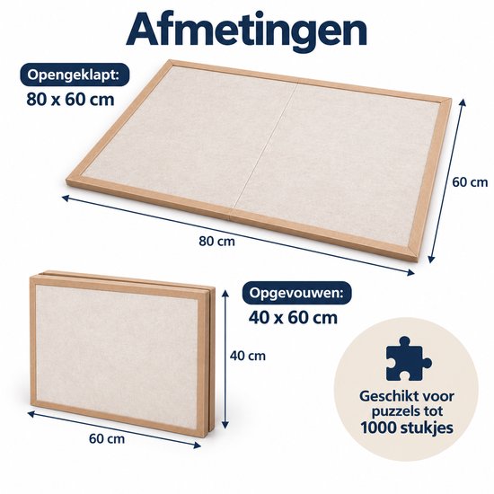 Opvouwbaar Puzzelbord voor 1000 Stukjes – Puzzelmat & Puzzelplaat 80 x 60 cm – Draagbaar Puzzelbord met Beschermhoes – Antislip Oppervlak – Beige