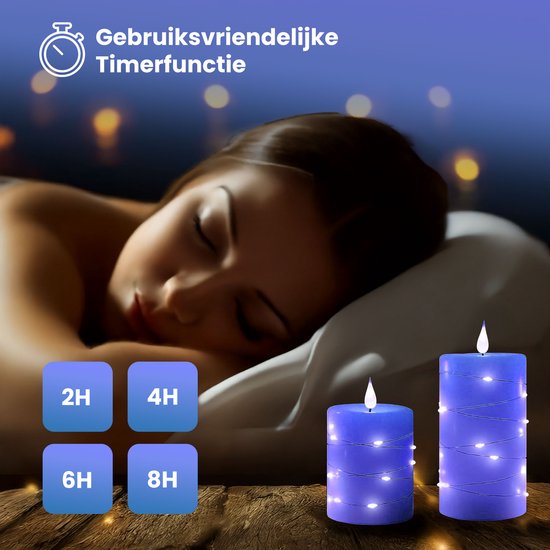 NovaWare LED Kaarsen met Bewegende Vlam - Set van 3 - Kaarsen op batterijen met afstandsbediening – Elektrische Kaarsen - Flikkerende vlam - Oplaadbaar - Timer en Dimfunctie - Blauw