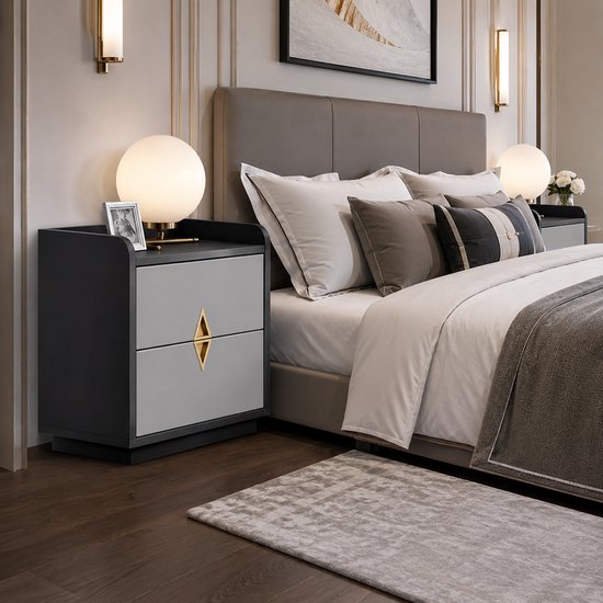 Modern nachtkastje met lade – Luxe nachtkast zwart-grijs – Nachtkastje 53 cm – Stijlvolle nachttafel voor slaapkamer