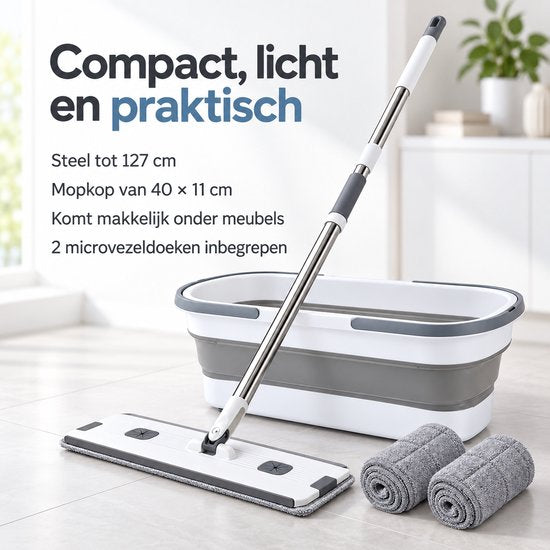 Dweilset met Emmer – Vlakmop met Opvouwbare Emmer – 360° Draaibare Mop – Telescopische Steel 127 cm – Inclusief 2 Microvezeldoeken – Wit-Grijs - Dwijl