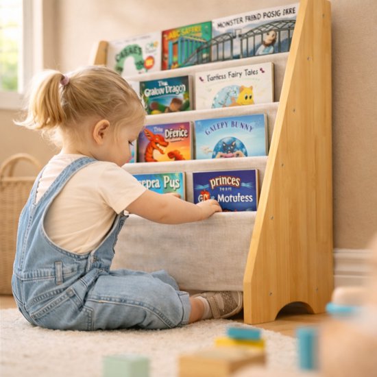 Kinderboekenkast - Bruin - Hout met Linnen - Kinderboekenrek - Boekenrek Kinderkamer