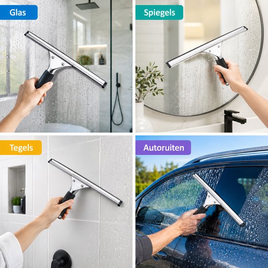 Raamtrekker 35 cm – Douchewisser – Wisser voor Douche, Ramen, Spiegel en Autoruit – RVS Glaswisser – Siliconen Raamwisser – Handtrekker – Douchetrekker Zwart-Zilver - Trekker