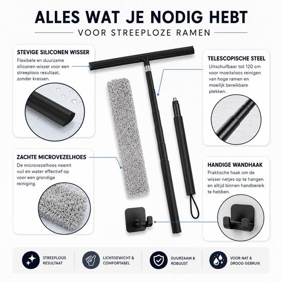 Raamwisser met Telescoopsteel - 120 cm Uitschuifbaar - Raamtrekker met Siliconen Wisser - Douchewisser - Raamwisser voor Douche, Tegels, Spiegels en Ramen - Inclusief Wandhouder & Microvezeldoek