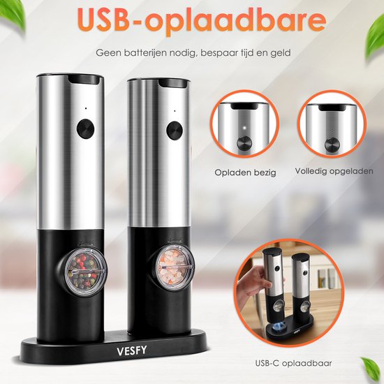 Vesfy Elektrische Peper en Zoutmolen Set - USB Oplaadbaar met Laadstation - XXL - Instelbare Maalgraad - LED Licht - BBQ Accessoires - Pepermolen