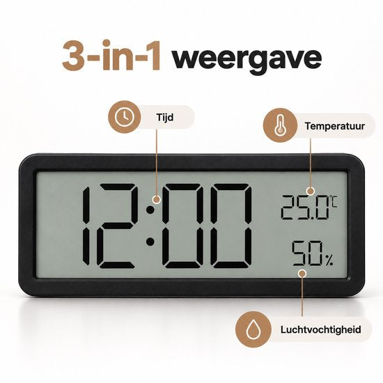Digitale Wandklok met Thermometer & Hygrometer – Grote LCD Klok – Temperatuur- en Luchtvochtigheidsmeter – Tafelklok & Wandklok – Zwart