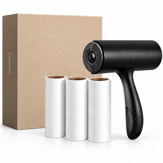 Kledingroller met 3 Navulrollen – 150 Kleefvellen – Plakroller voor Kleding & Meubels – Haarverwijderaar voor Honden- en Kattenharen – Pluisroller – Zwart