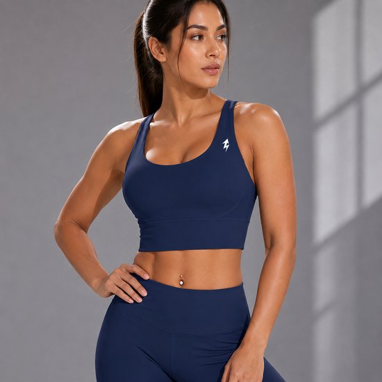 SparkNine Elevate sport-bh - M - donkerblauw - gekruiste rug - push-up effect - stevige ondersteuning - met uitneembare pads