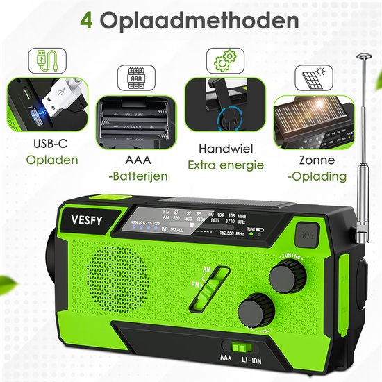 Vesfy Noodradio Solar Opwindbaar - Oplaadbaar & Batterijen - 7400mWh - LED Zaklamp - AM-FM Radio - Draagbare Radio voor Noodpakket
