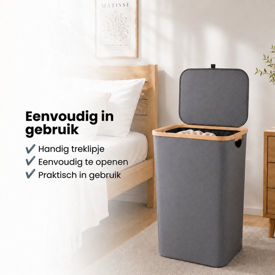 Wasmand met Deksel – Opvouwbare Wasmand – Wasbox 100L – Wassorteerder met Binnenzak – Grijs – Voor Badkamer, Slaapkamer en Wasruimte