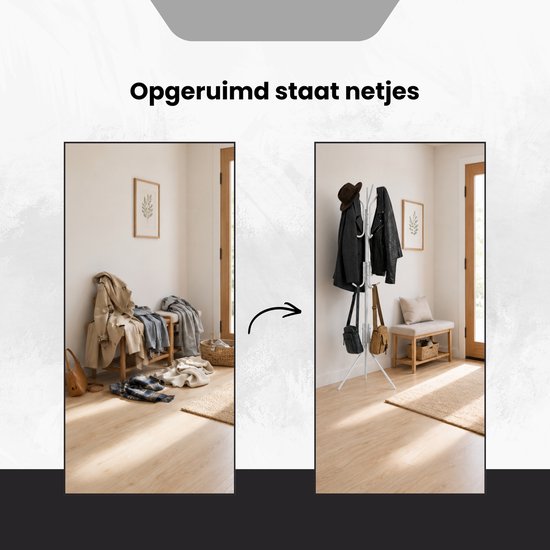Kapstok Staand – Kledingrek met 9 Haken – Hoogte 165 cm – Staande Kapstok Metaal – Vrijstaande Kapstok – Wit – Voor Hal, Slaapkamer en Kantoor