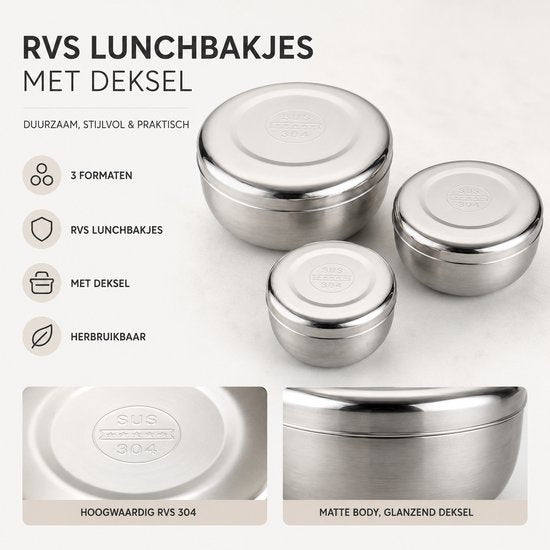 RVS Lunchbakjes Set met Deksel – 3 Delige Bewaarbakjes van RVS 304 – Herbruikbare Vershoudbakjes – Lunchbox Set – 170 ml, 320 ml & 420 ml