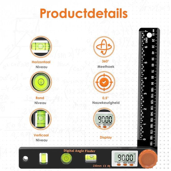 Vesfy Zwaaihaak Digitaal met Waterpas - 320mm - 360 Graden - Hoekmeter - Blokhaak - Winkelhaak