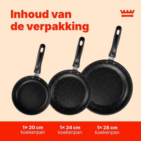 Koekenpannenset 3-delig – PFAS-vrij – 20 cm, 24 cm & 28 cm – Antiaanbak Koekenpannen – Geschikt voor Inductie, Gas, Elektrisch en Keramisch – Zwart