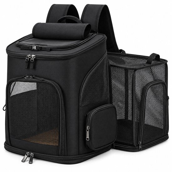 Dierenrugzak voor Kat & Kleine Hond – Uitklapbare Kattenrugzak – Reistas tot 10 kg – Ademend Mesh – 33 x 26 x 40 cm – Transporttas voor Katten en Honden – Zwar