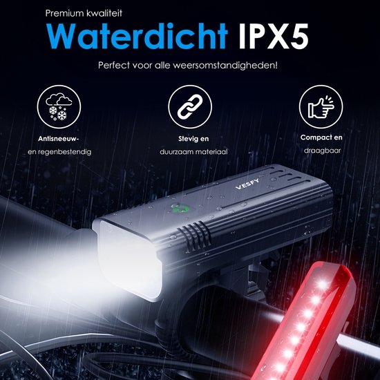 Vesfy Fietslampjes Set - Voorlicht & Achterlicht - USB Oplaadbaar - 1000 Lumen - Waterdicht IPX5 - Fietsverlichting voor Stadsfiets, MTB & Racefiets