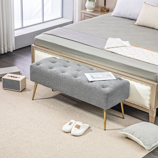 Bedbank met Gouden poten gestoffeerd lamswol optiek 41x112x46cm - Grijs