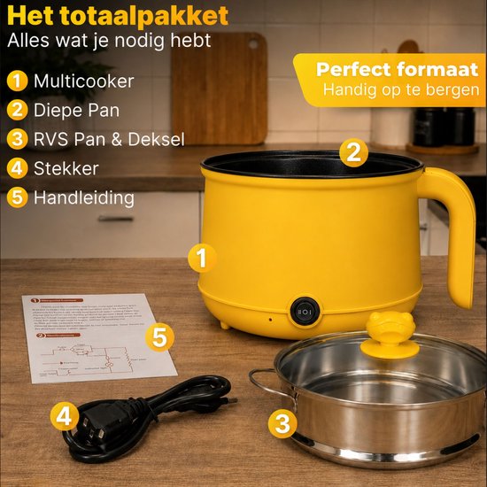 DMG Supply Noodle Pan - Geel - Elektrische Kookpan - Hotpot - Noodle Kom - 1,8 L - Multicooker