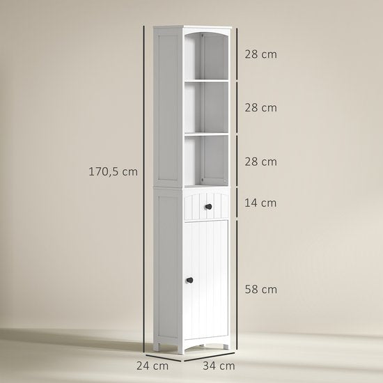4goodz Badkamerkast 24x34x170 cm - Kolomkast 3 vakken en 1 lade - Wit