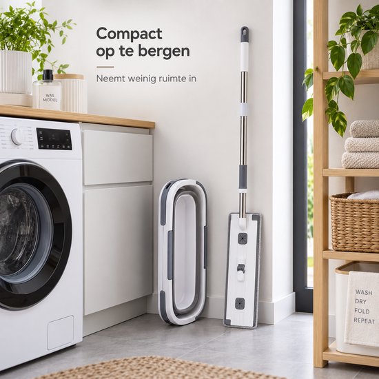 Dweilset met Emmer – Vlakmop met Opvouwbare Emmer – 360° Draaibare Mop – Telescopische Steel 127 cm – Inclusief 2 Microvezeldoeken – Wit-Grijs - Dwijl