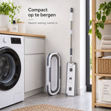 Dweilset met Emmer – Vlakmop met Opvouwbare Emmer – 360° Draaibare Mop – Telescopische Steel 127 cm – Inclusief 2 Microvezeldoeken – Wit-Grijs - Dwijl