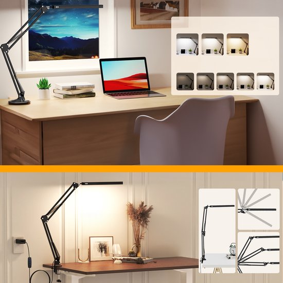 Pro LED Bureaulamp met Klem - Dimbaar - 3 Lichtstanden & 10 Helderheidsniveaus - Verstelbaar & Inklapbaar - Tafellamp voor Bureau