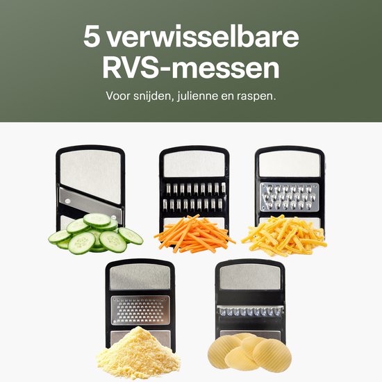Slacentrifuge RVS 5L met Snij- en Raspmessen – Salade Spinner – Sladroger – Slakom met Mandoline – Groentesnijder – Julienne Snijder – RVS Mengkom