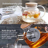 GREENKY® Glazen theepot met filter en bamboe deksel- Theekan - Duurzaam - Filter - Theehouder - Theeglas - Fruitkan - Schenkkan - Teapot - 1Liter - 1000ml