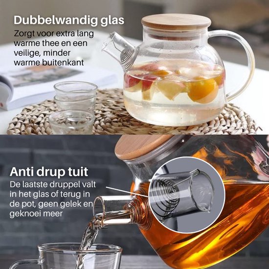 GREENKY® Glazen theepot met filter en bamboe deksel- Theekan - Duurzaam - Filter - Theehouder - Theeglas - Fruitkan - Schenkkan - Teapot - 1Liter - 1000ml