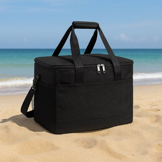 Koeltas Zwart XL – 42x28x31 cm – Grote Koelbox Tas met Schouderriem – Geïsoleerde Picknicktas – Waterdicht & Opvouwbaar – Ideaal voor Strand, Park & Auto