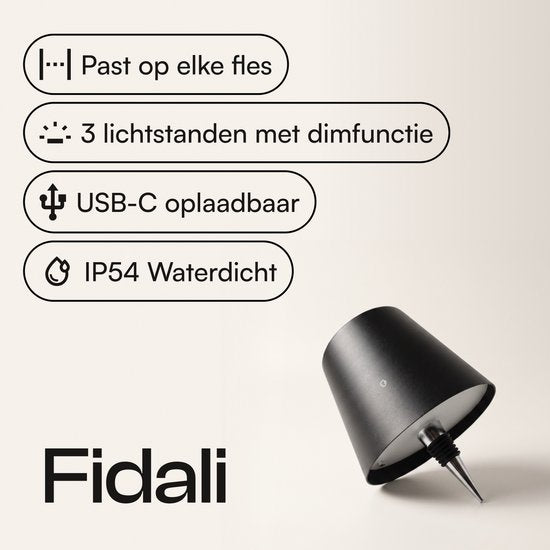 Fidali Flessenlamp - Oplaadbare LED Tafellamp USB-C - Dimbaar met touch bediening - Binnen & Buiten - Aluminium - Zwart - 2 Stuks