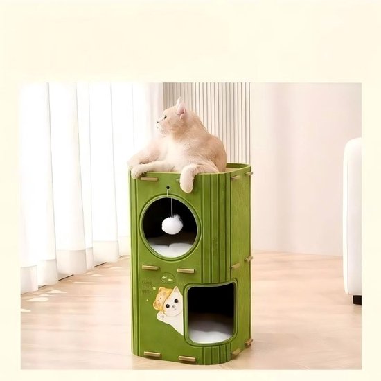 Kattenhuis met Krabplank – Kattenmand & Kattenhuis Indoor – Katten Krabmeubel – Kattenhol van Vilt – Katten Speeltoren – Groen – 60 cm