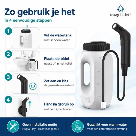 eazy bidet Draagbare Bidet - Montagevrij Bidet Voor WC - Bidet met 2,5L Watertank - Bidet Sproeier - Bidet Handdouche voor Thuis en op Reis