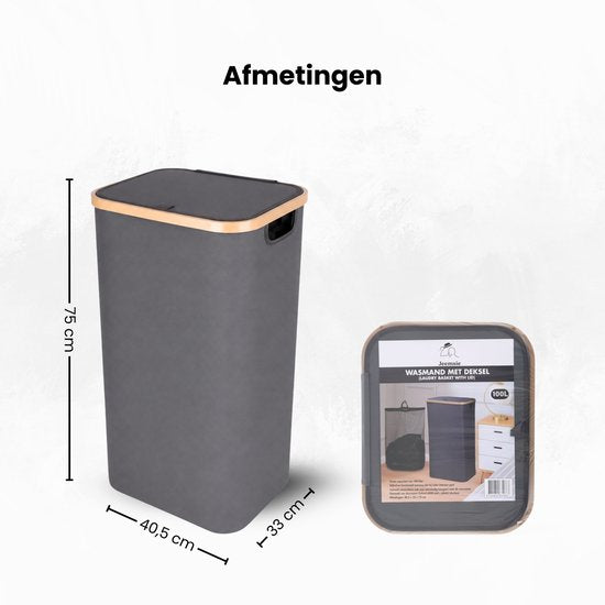 Wasmand met Deksel – Opvouwbare Wasmand – Wasbox 100L – Wassorteerder met Binnenzak – Grijs – Voor Badkamer, Slaapkamer en Wasruimte