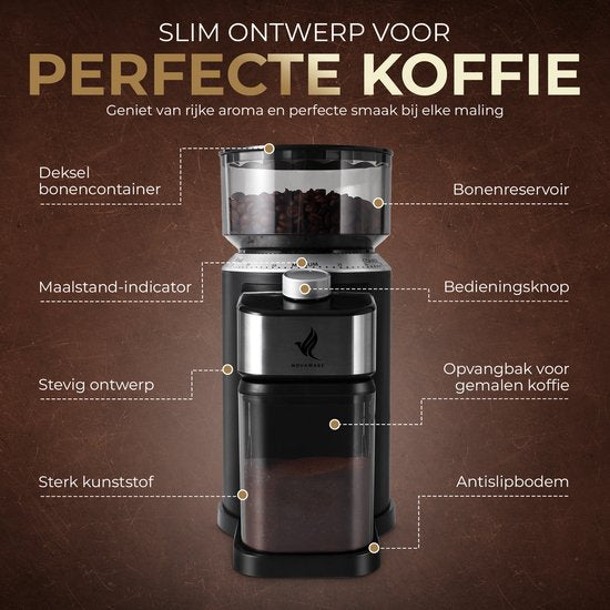 NovaWare Koffiemolen Pro – Elektrische Koffiemolen – Koffiebonen maler – Koffiemaler - Coffee Grinder - Zwart