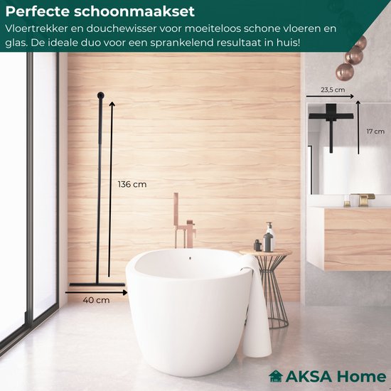 AKSA Home® Vloertrekker met Raamwisser - Douchewisser - Trekker Douche - RVS Vloerwisser - met Steel - Zwart
