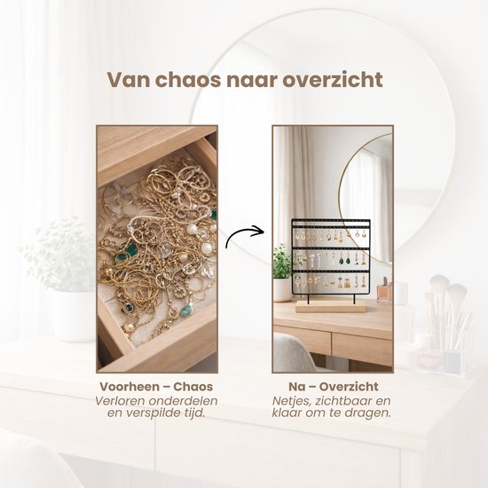 Sieradenrek met Houten Voet – Oorbellen Houder Staand – Sieraden Organizer 4 Rijen – Metalen Display Standaard – Oorbellen Display 36 cm – Sieradenhouder voor Oorbellen & Sieraden