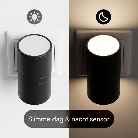 Fidali Stekkerlamp Dimbaar - Nachtlamp met Dag- en Nachtsensor voor Stopcontact - Zwart - Set van 2